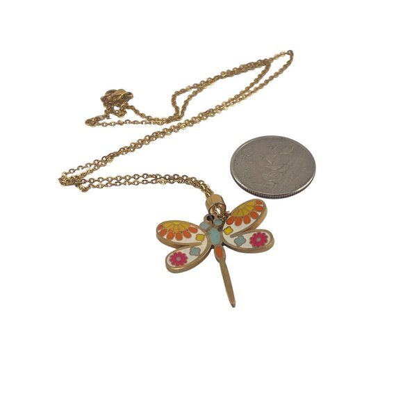 Dragonfly Pendant Necklace With Vibrant Floral Design & Gold Chain - Picture 3 of 4